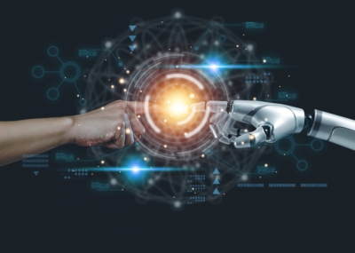 Ai,Technology,Concept,,Machine,Learning,,Robot,Hand,Touching,Human,Hand.